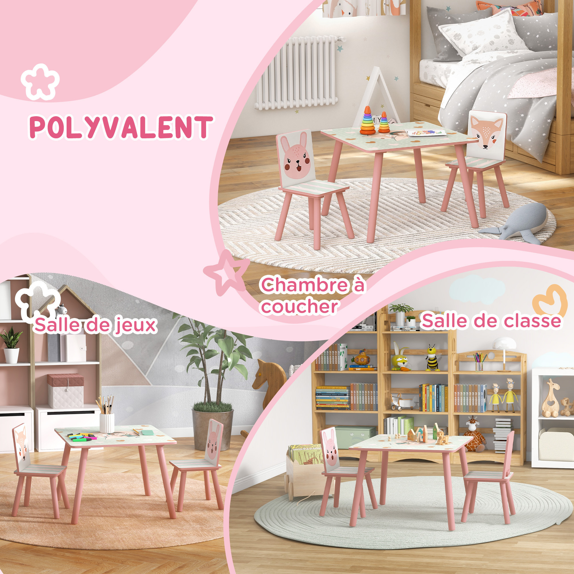 Ensemble table et chaises enfant motif renards lapin - table carrée + 2 chaises - bois pin MDF rose