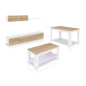 Pack salón con mesa de centro y mesa de comedor Arlet Max Blanco Artik (Blanco Mate) - Roble Canadian