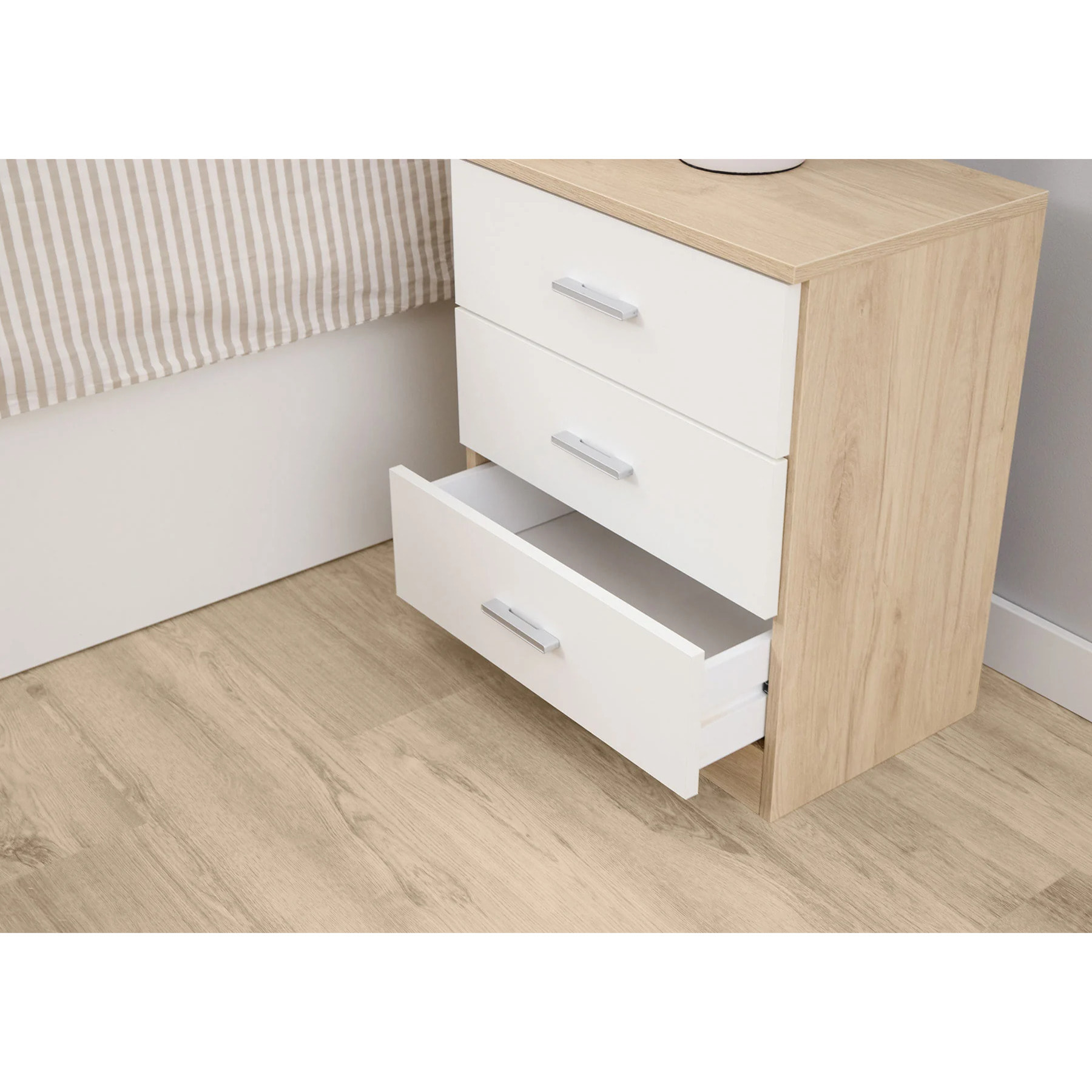Mesita de Noche Marmota - 2 o 3 cajones - Madera Alta Resistencia - Color Madera y Blanco