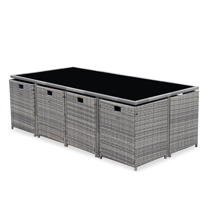 Table de jardin encastrable résine tressée + 12 assises nuances de gris. coussins gris chiné. table encastrable + Housse de protection gris foncé polyester