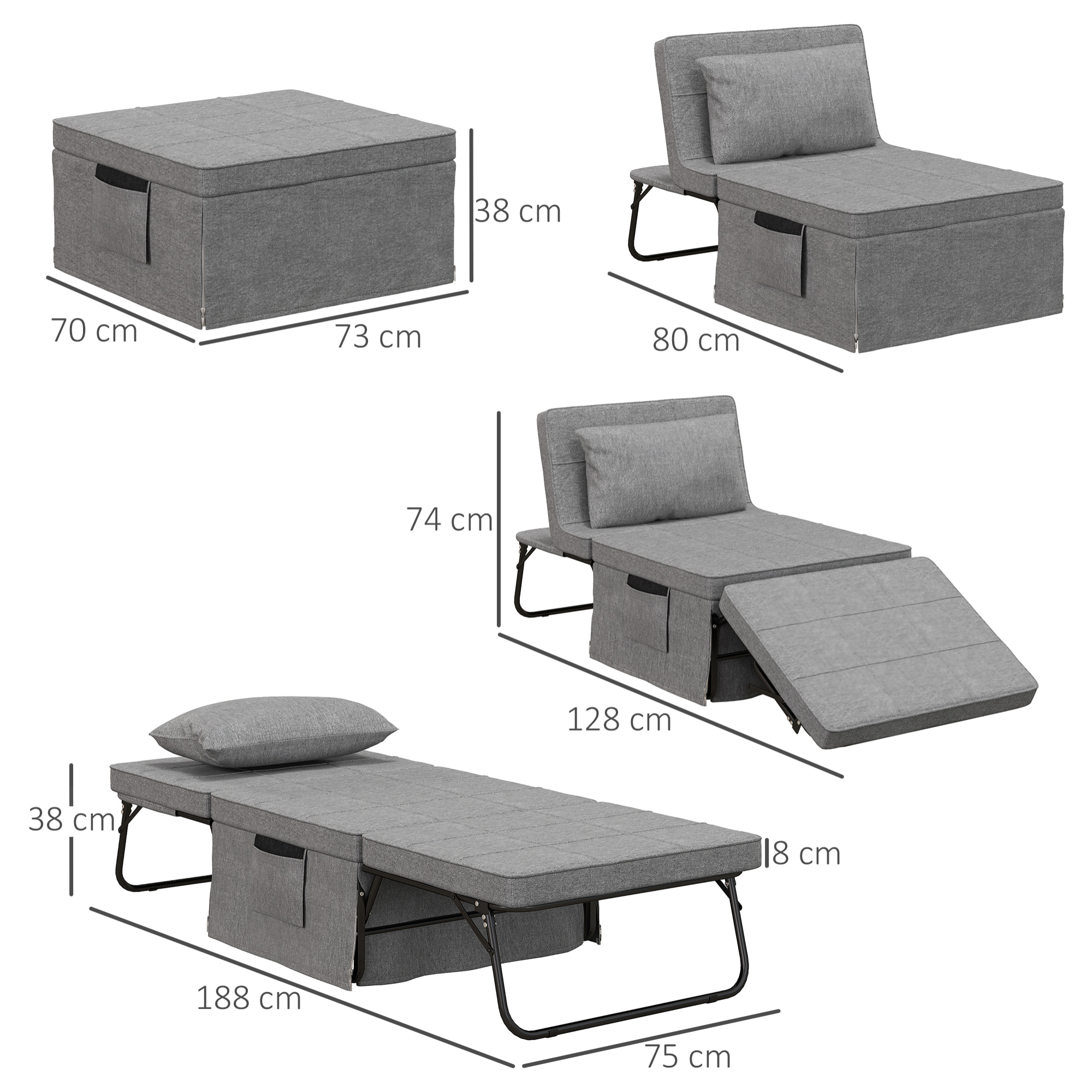 Sofá Cama de 1 Plaza 4 en 1, Sillón Cama Plegable, Otomana, Tapizado en Lino, con Respaldo Ajustable de 5 Niveles, Almohada Acolchada, para Oficina, Dormitorio, Salón, 75x80x74 cm, Gris