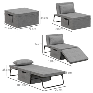 Sofá Cama de 1 Plaza 4 en 1, Sillón Cama Plegable, Otomana, Tapizado en Lino, con Respaldo Ajustable de 5 Niveles, Almohada Acolchada, para Oficina, Dormitorio, Salón, 75x80x74 cm, Gris