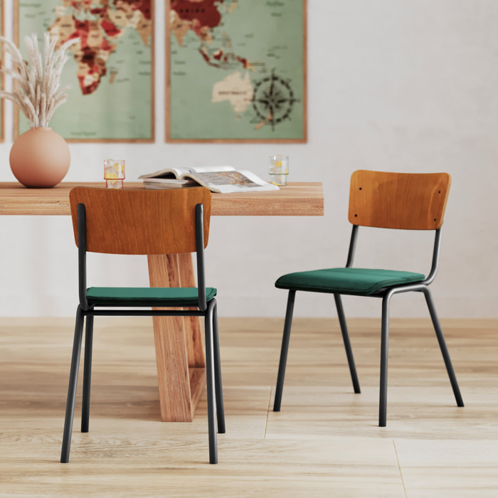 Lot de 2 chaises en bois foncé et velours vert - Nico