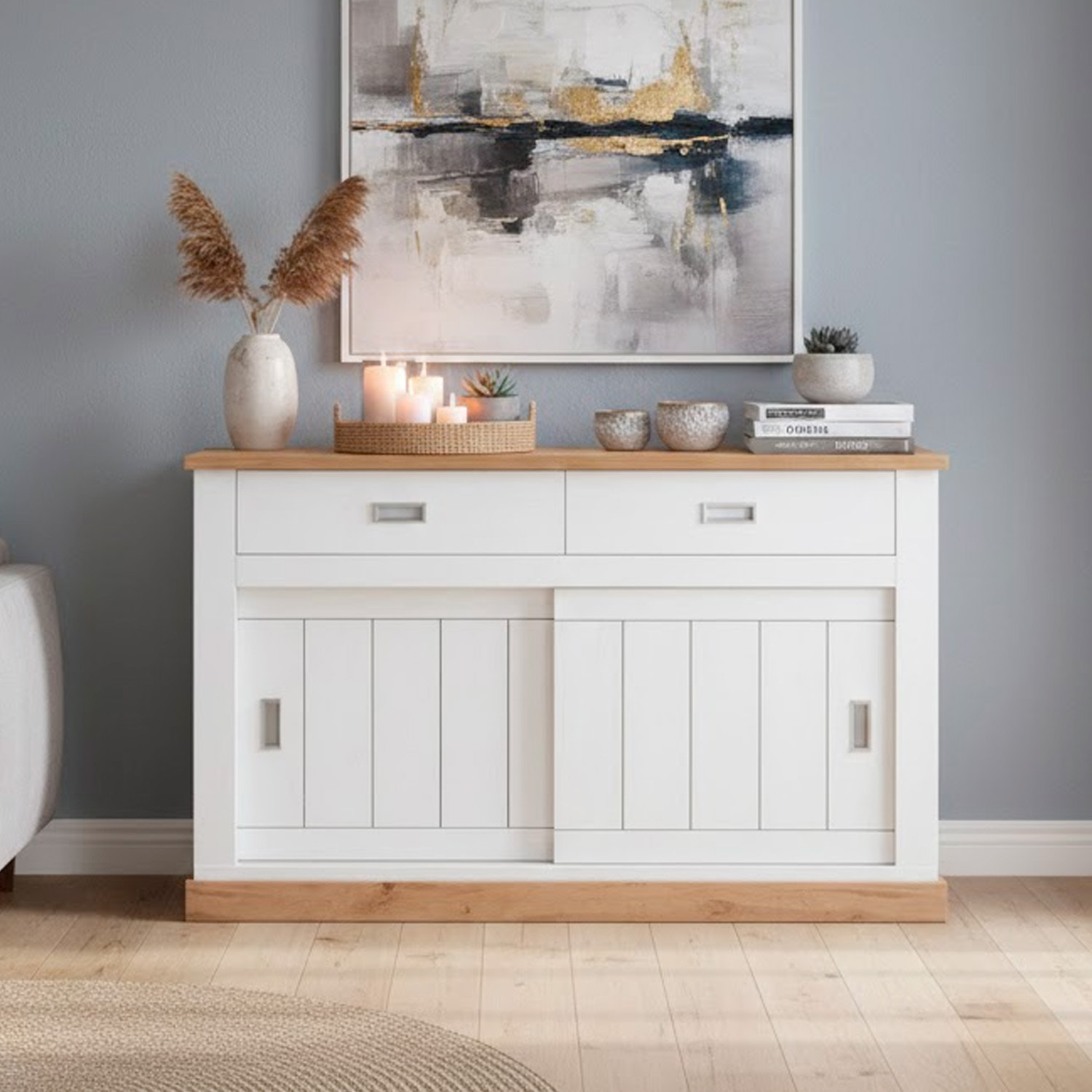 Madia Credenza Mobile Soggiorno Con 2 Cassetti E 2 Ante Scorrevoli 4 Ripiani Interni Design Minimal Shabby 150 x 50 x 95.5 Cm Colore Bianco E Rovere