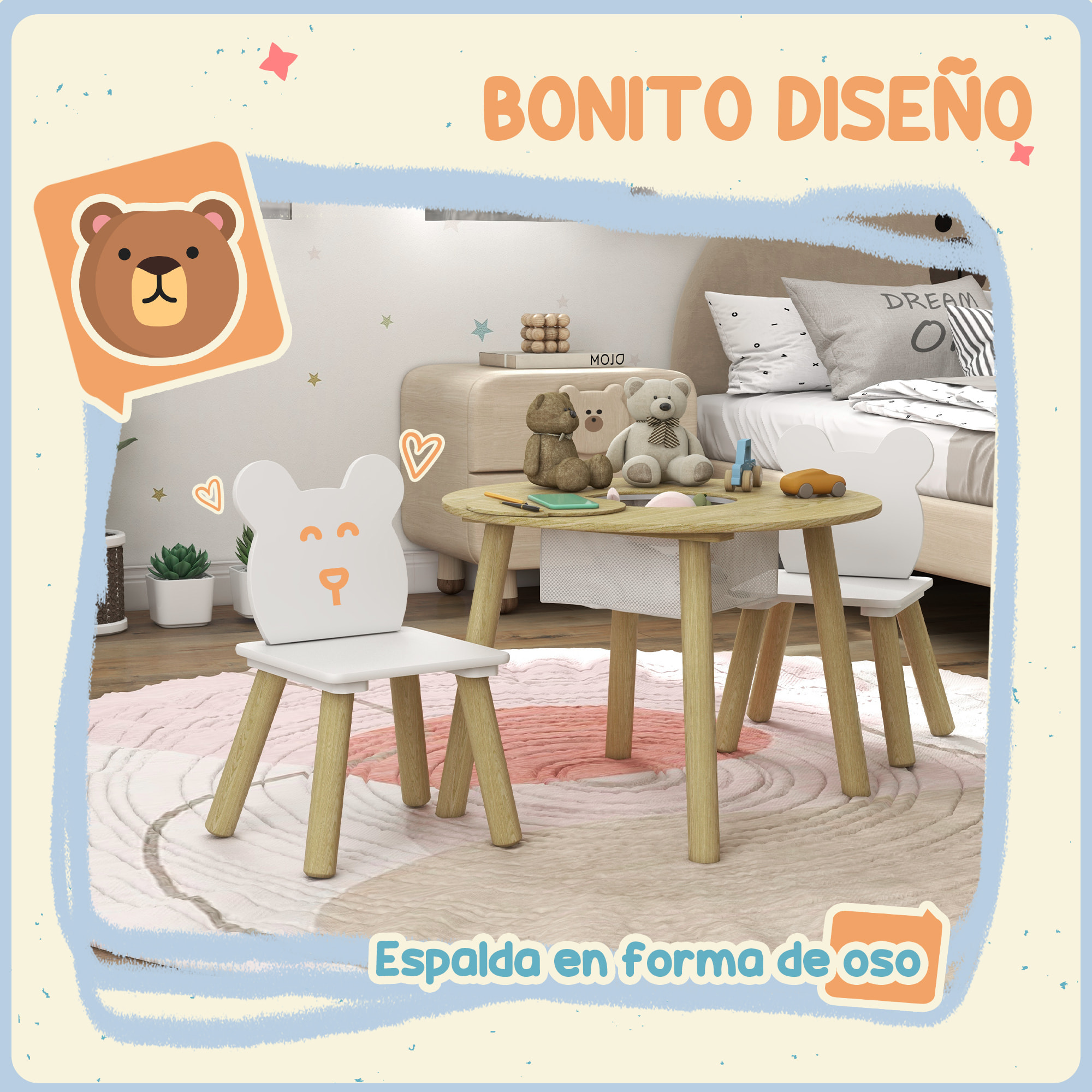 Mesa y Sillas Infantiles de 3 Piezas Mesa Infantil con 2 Sillas con Espacio de Almacenaje para Niños de 3-6 Años para Sala de Juegos Dormitorio Guardería Natural