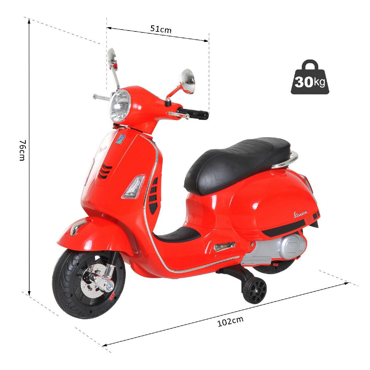 Scooter moto électrique enfants 6 V dim. 102L x 51l x 76H cm musique MP3 port USB klaxon phare feu AR rouge Vespa