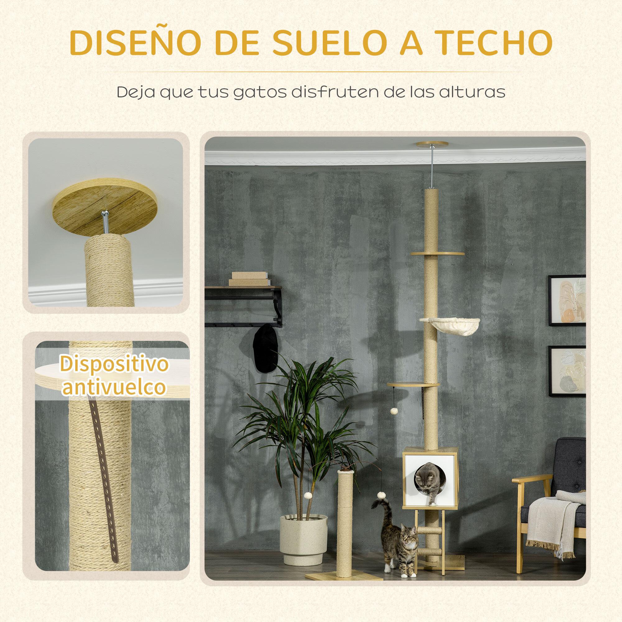 Árbol para Gatos del Suelo al Techo 225-285 cm Altura Ajustable Árbol para Gatos Grande con Plataformas Hamaca Caseta Poste de Yute Rampa y Bolas 40x40x225-285 cm Beige