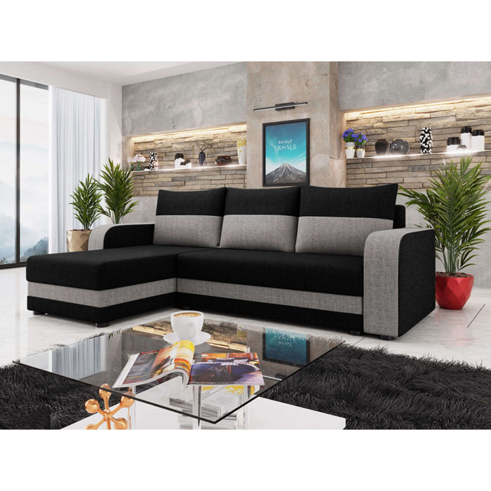 Harvey - Canapé d'angle réversible 4 places convertible avec coffre en tissu bicolore - Noir / Gris