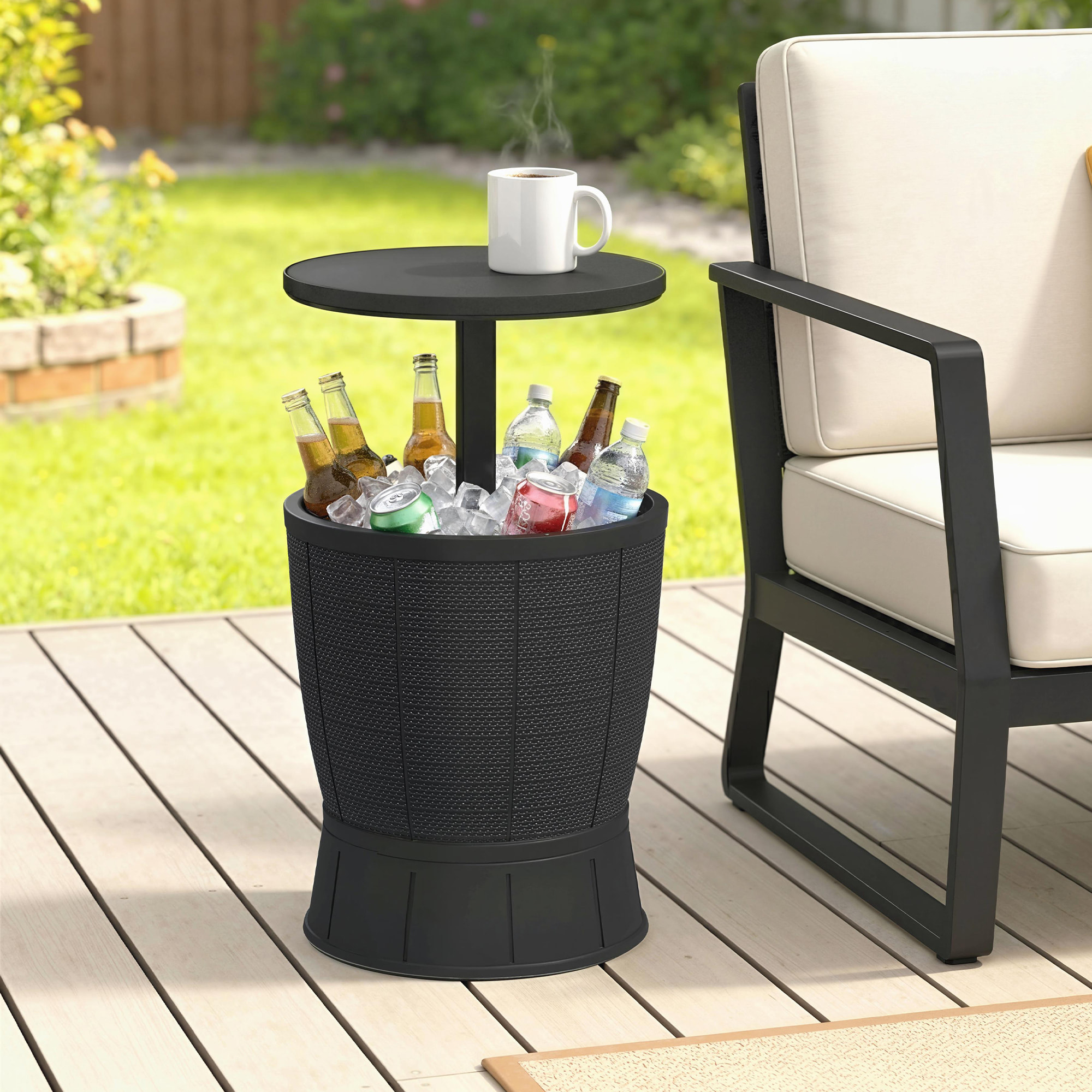 Mesa Nevera para Exterior, 41 L, 3 en 1, Cool Bar, Mesa Auxiliar, Altura Ajustable 58-84 cm, con Cubo de Hielo, Tapa Superior Elevable, para Fiesta, Piscina, Jardín, Patio, Negro