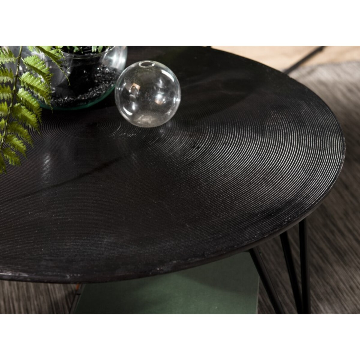 JOHAN - Table basse ronde 75x75cm aluminium noir pieds épingles métal noir