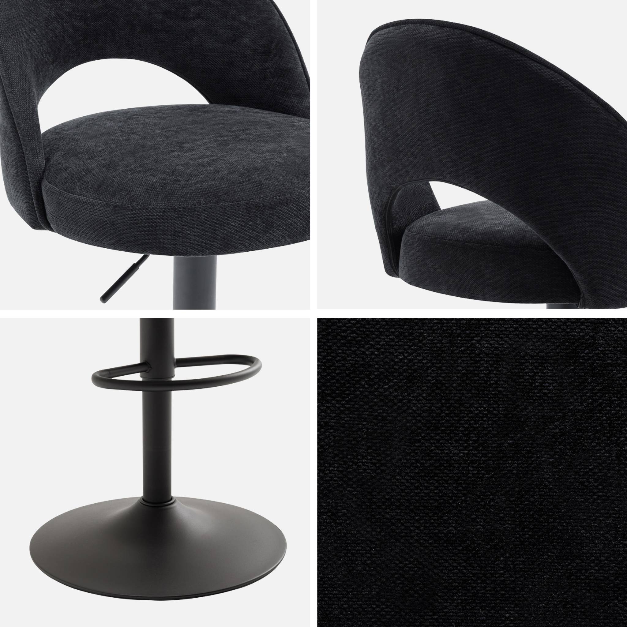 Lot de deux tabourets de bar ajustables métal et tissu noir. pied noir - L 49 x P 49 x H 88.5-110cm - Abby