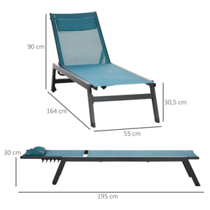 Bain de soleil transat inclinable 5 positions - tétière, 2 roulettes - alu. textilène bleu