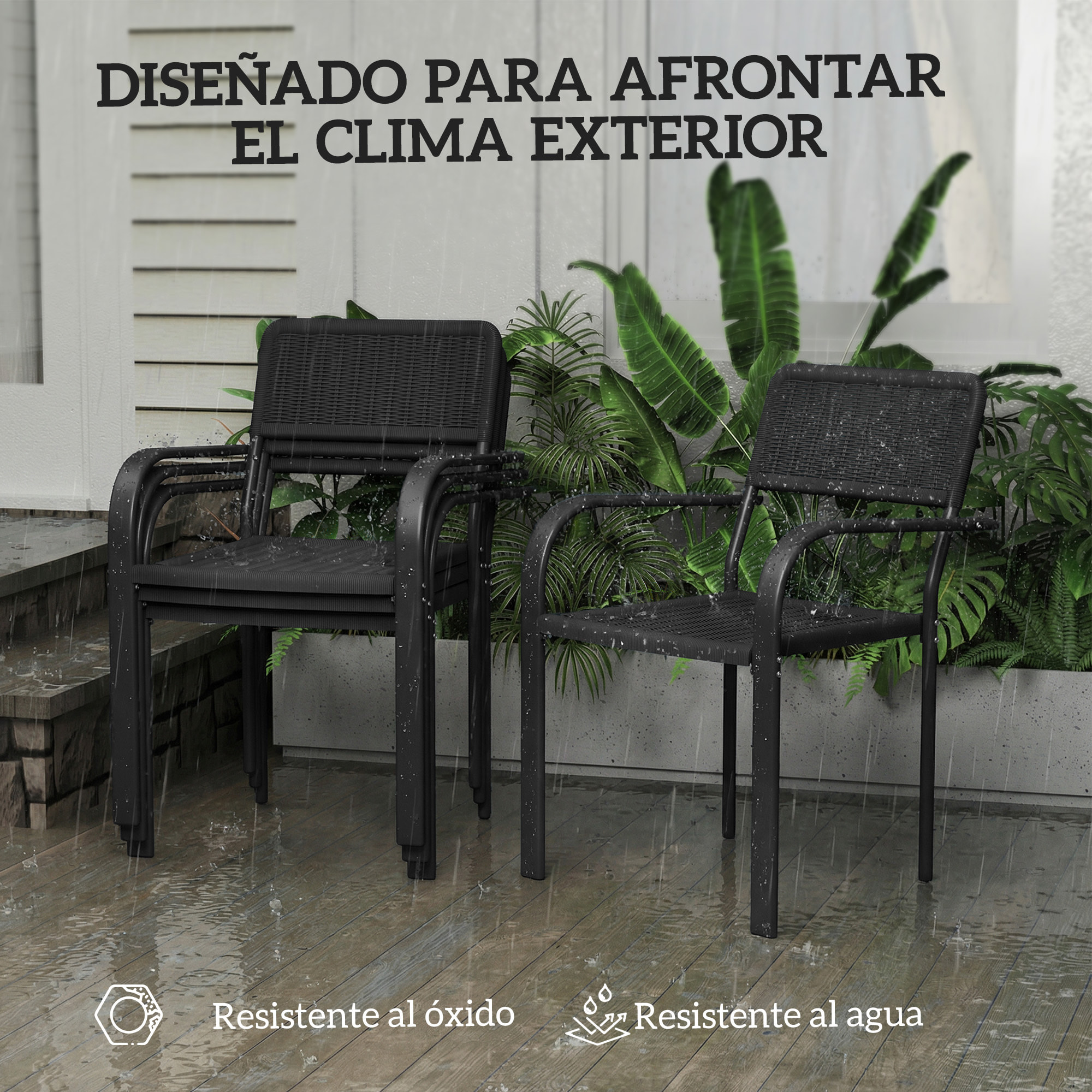 Juego de 4 Sillas de Jardín Exterior Apilables, Sillas de Comedor Exterior Efecto Ratán, con Reposabrazos, Marco de Acero, Resistente a la Intemperie y Ligero, 55x60x83 cm, Negro