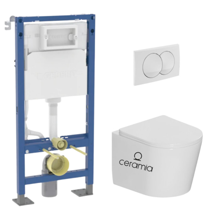 Pack WC bâti-support autoportant Duofix 112cm + WC suspendu sans bride + abattant SoftClose + plaque blanche (CETORGEBX-SP)