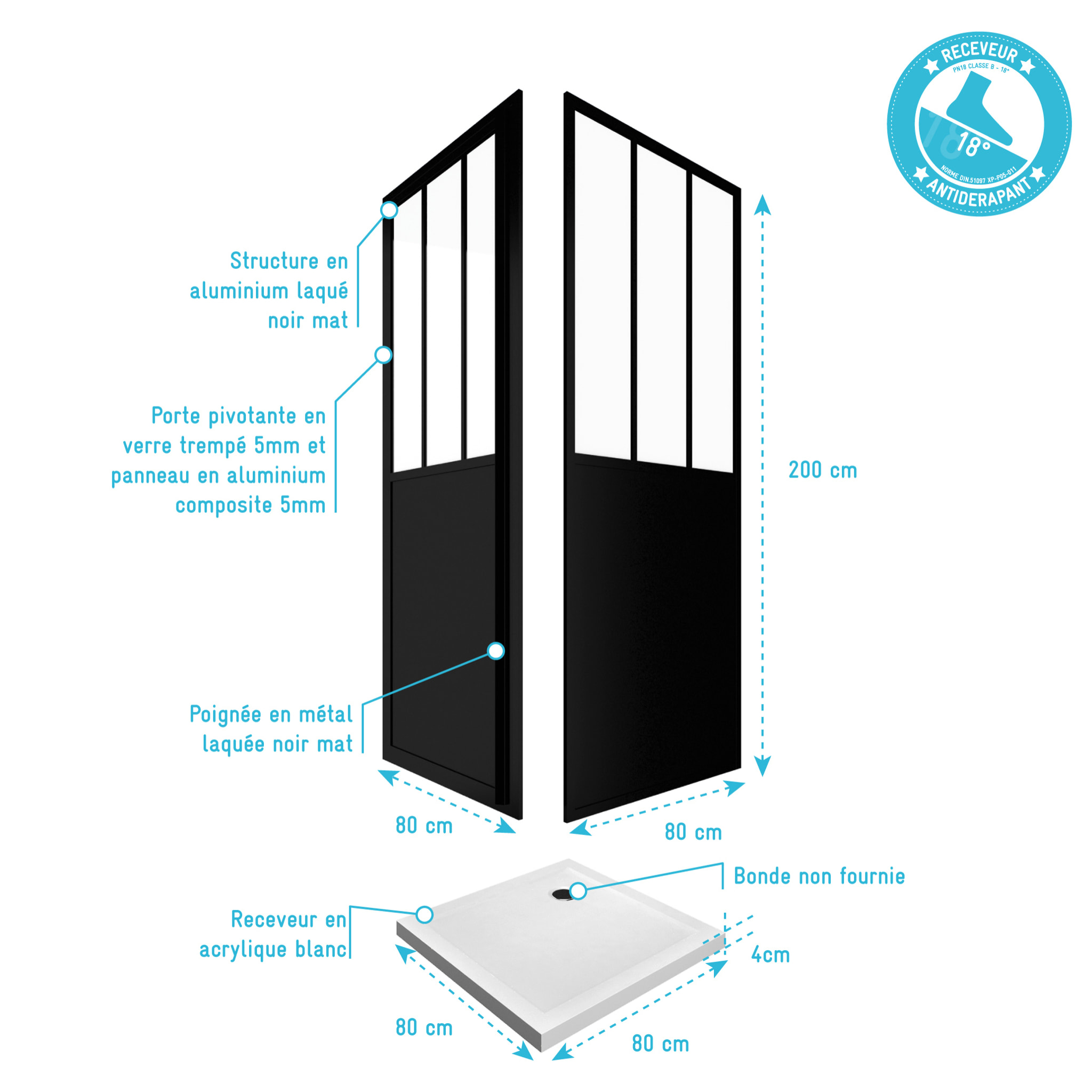 Pack trio paroi porte de douche porte pivotante 80x200 + paroi de retour 80 cm + receveur