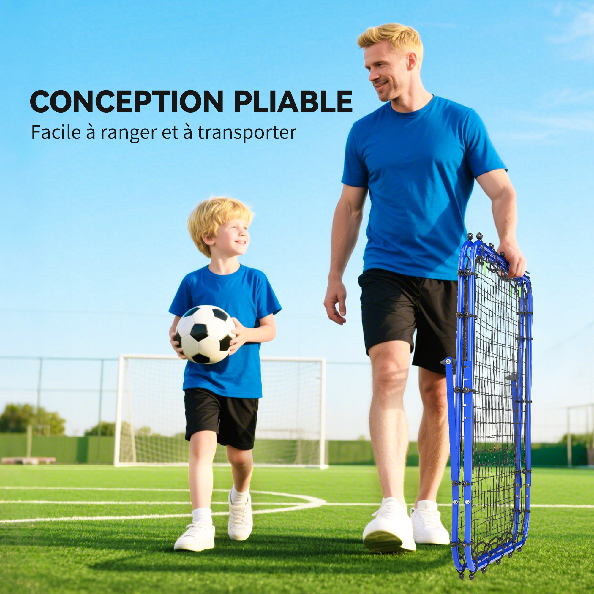 Filet de rebond double face pliable réglable 91 x 91 cm - rebondisseur football - acier PE bleu