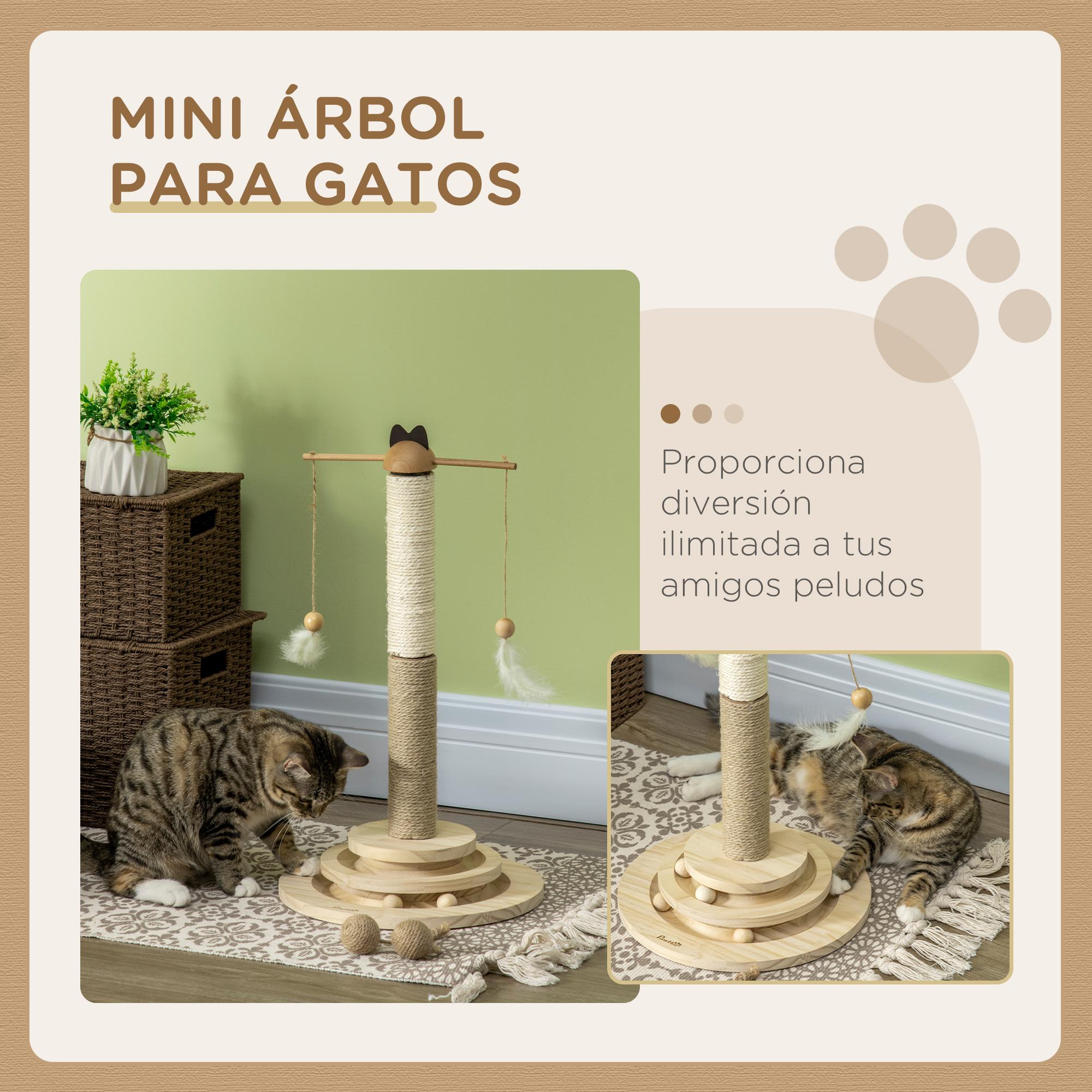 Árbol Rascador para Gatos de Madera Altura 56 cm Torre para Gatos Centro de Actividades para Gatitos con Poste de Yute y Sisal Bolas para Jugar Ø32x56 cm Natural