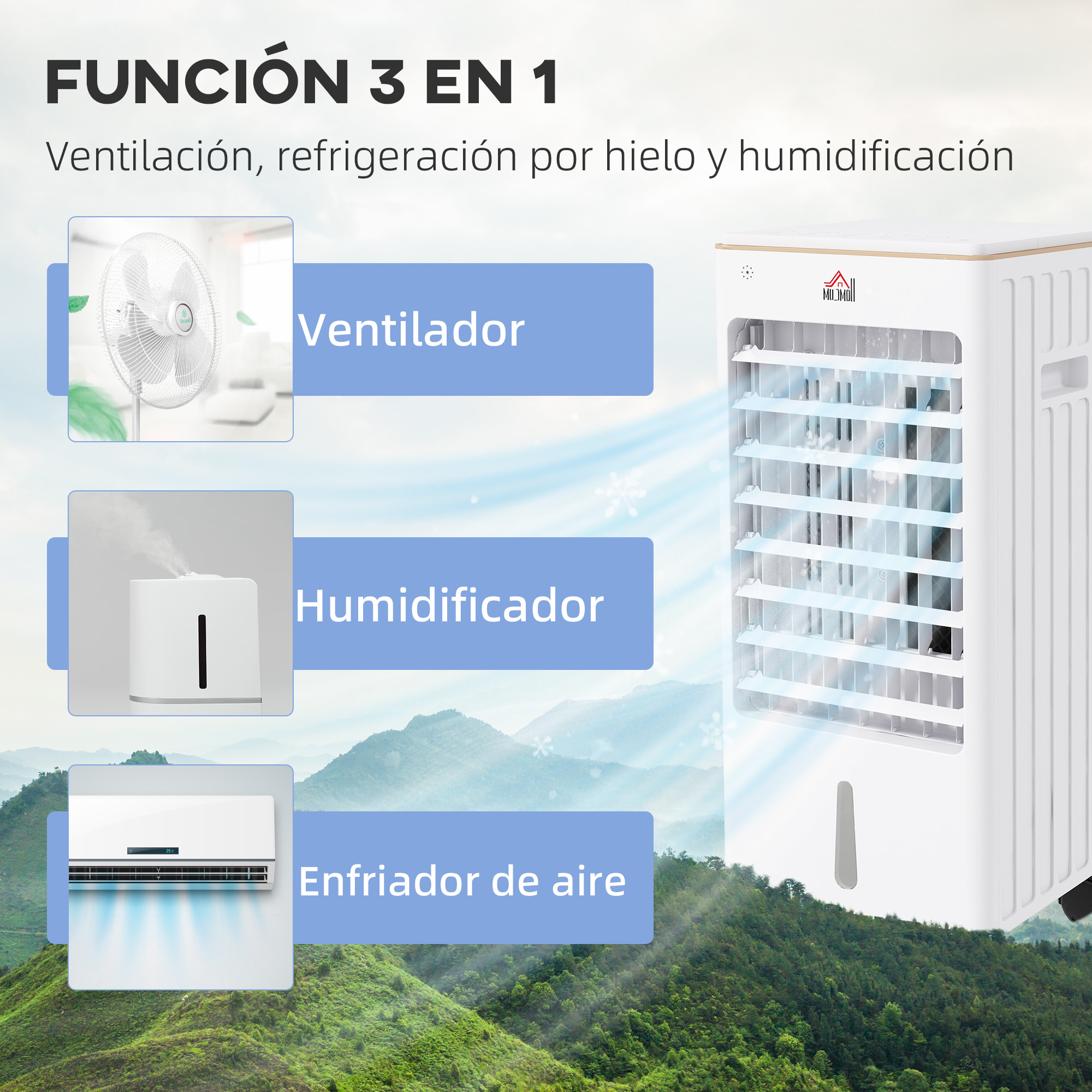 Enfriador de Aire Portátil 3 en 1 Climatizador Evaporativo Oscilante con 3 Velocidades Control Remoto Temporizador 7,5h Pantalla LED Tanque de Agua 3L Efecto 15-20 ㎡ 22,5x24,5x53,5 cm Blanco