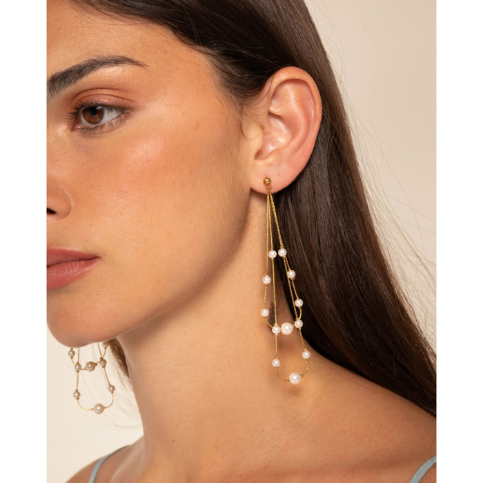 Pendientes largos de perla de concha con doble cadena