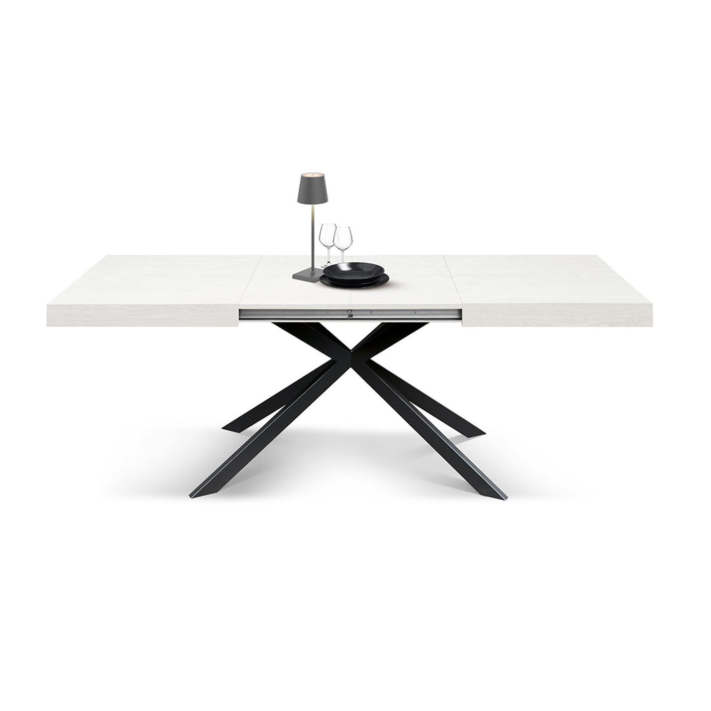 Tavolo CAMAIORE in legno, finitura bianco frassinato e base a X in metallo antracite, allungabile 180×90 cm – 260×90 cm