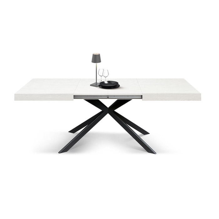 Tavolo CAMAIORE in legno, finitura bianco frassinato e base a X in metallo antracite, allungabile 180×90 cm – 260×90 cm