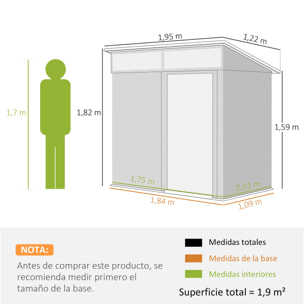 Caseta de Jardín Exterior 1,9m² 195x122x182 cm Cobertizo de Jardín Exterior con Base Refuerzo (Suelo NO Incluido) Puerta Corredera Ventanas Cobertizo para Terraza Patio Marrón