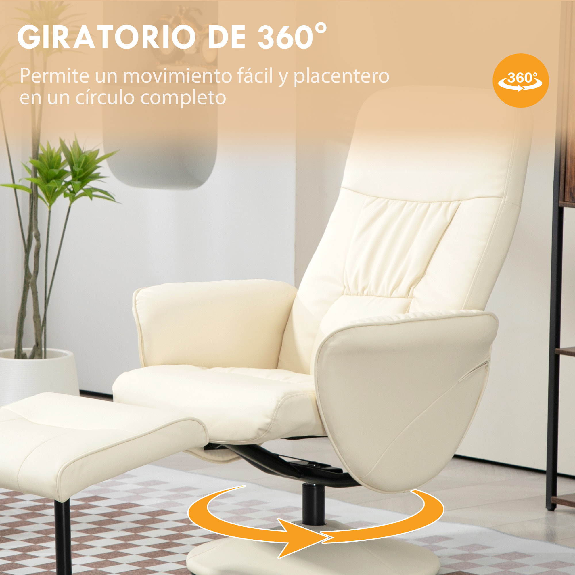 Sillón de Salón con Otomana Reposapiés Tapizado en PU Sillón Relax Reclinable hasta 145° y Giratorio 360° con Respaldo Ajustable para Salón Dormitorio Oficina 76x81x101 cm Blanco Crema