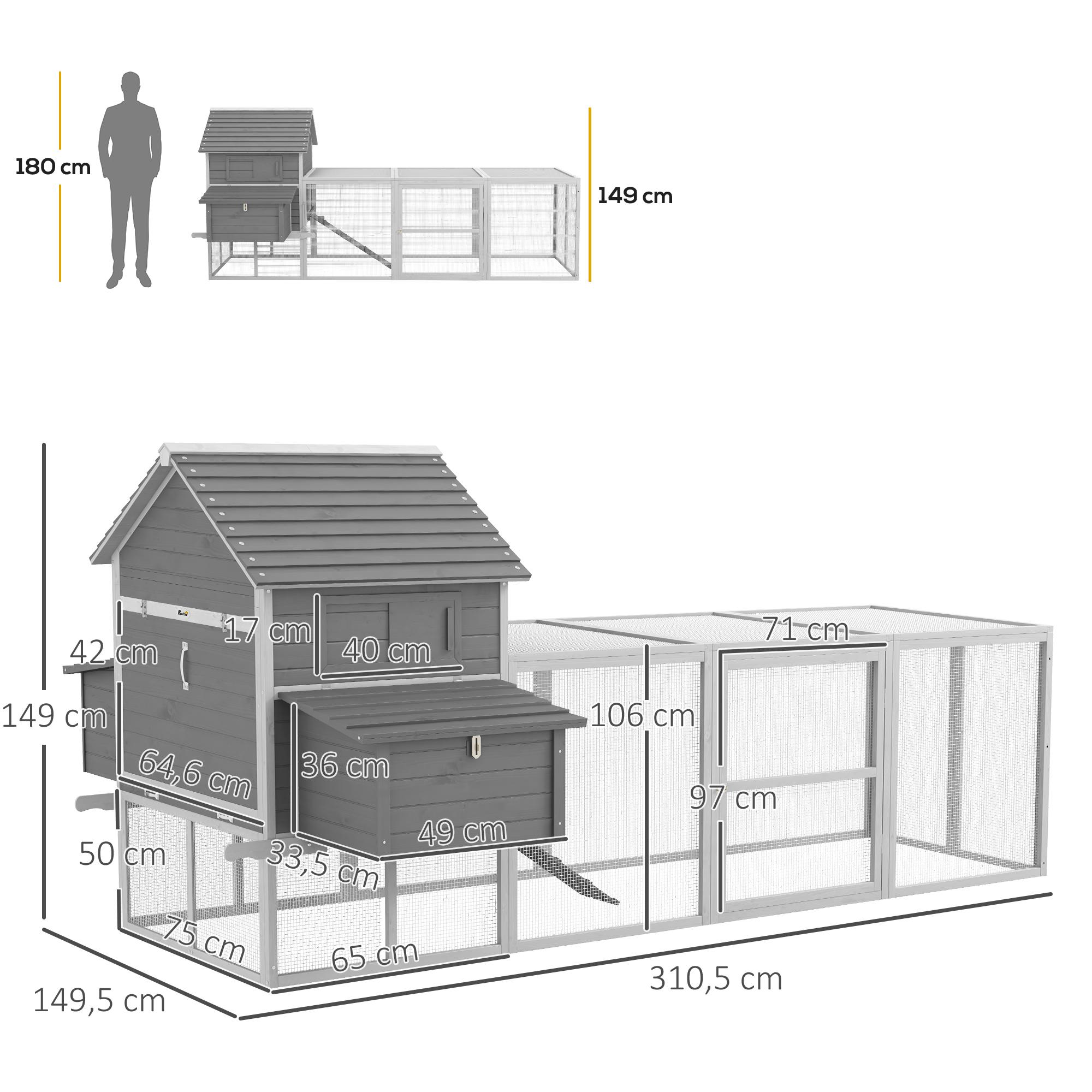 Gallinero Grande de Madera 310,5x149,5x149 cm Jaula para 4-6 Gallinas Gallinero con 2 Ventanas Puertas Nido Bandeja Extraíble y Rampa para Exterior Gris