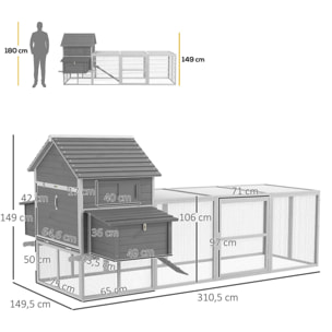 Gallinero Grande de Madera 310,5x149,5x149 cm Jaula para 4-6 Gallinas Gallinero con 2 Ventanas Puertas Nido Bandeja Extraíble y Rampa para Exterior Gris