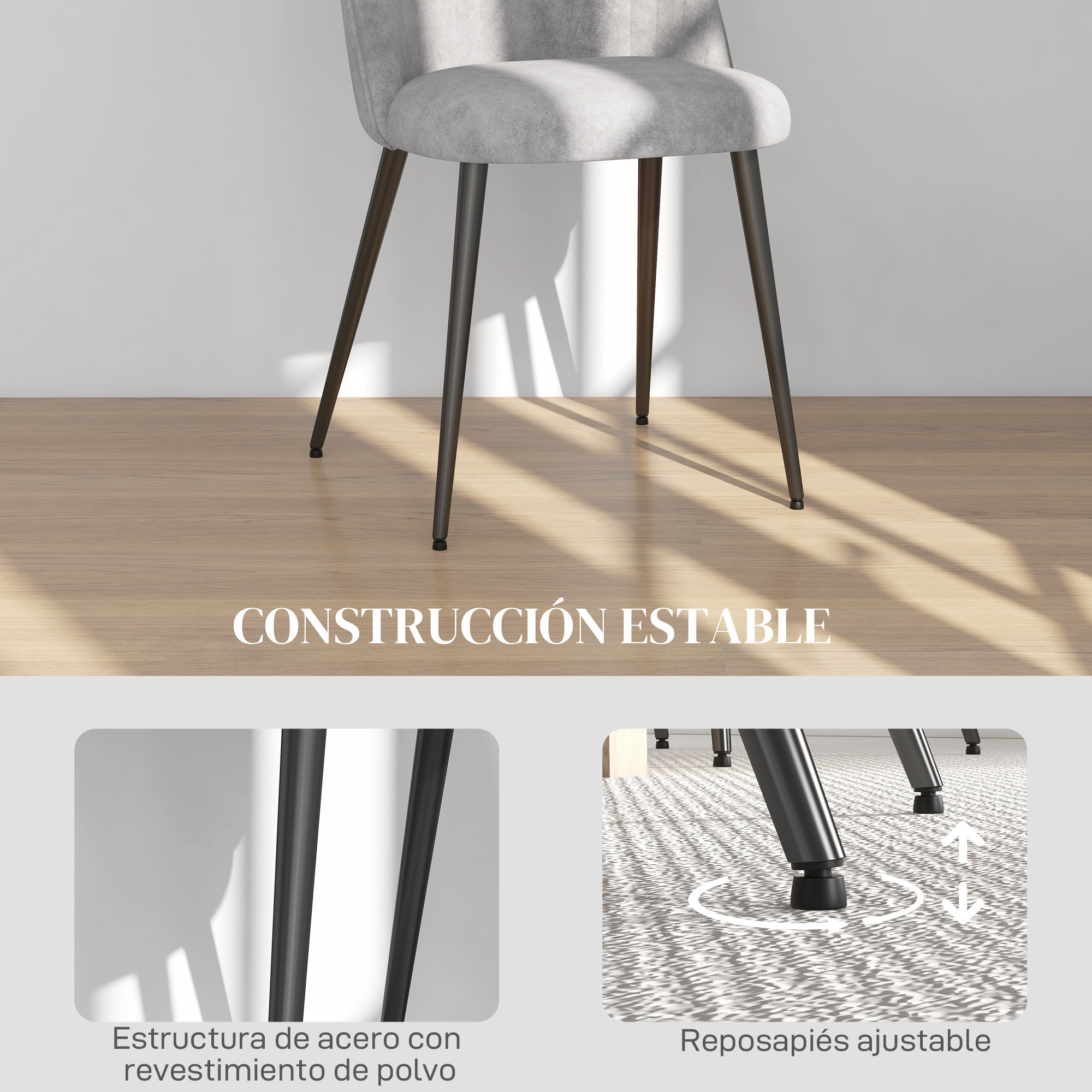 Pack de 4 Sillas de Comedor Modernas, Sillas de Cocina Tapizada en Terciopelo con Respaldo Curvo y Patas de Acero, para Salón, Gris