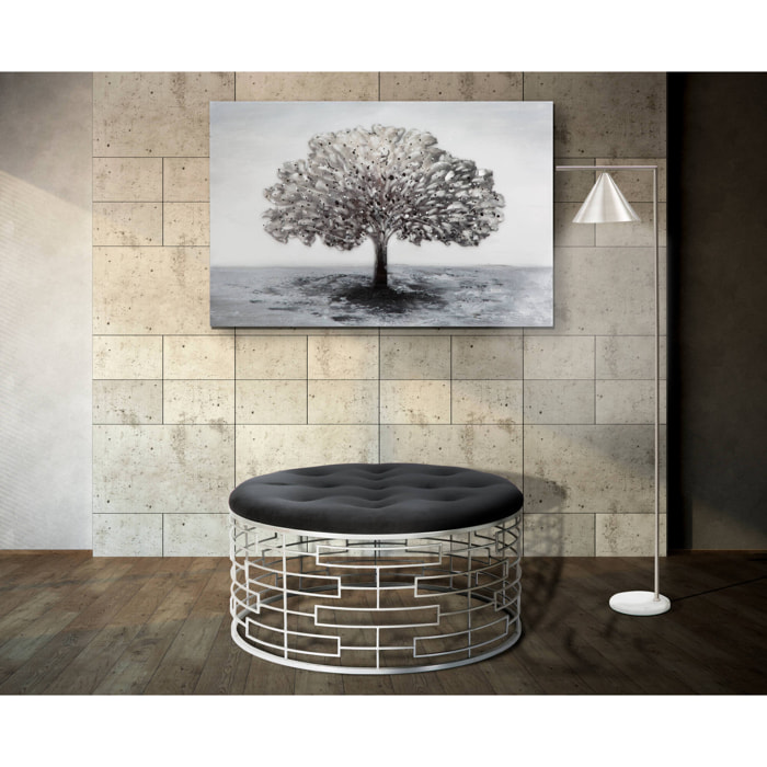 Pouf rotondo, struttura in metallo, rivestimento in velluto, colore argento, Misure 91,5 x 47 x 91,5 cm