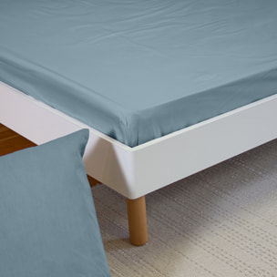Drap housse percale de coton 65 fils 140x190cm bleu fumé