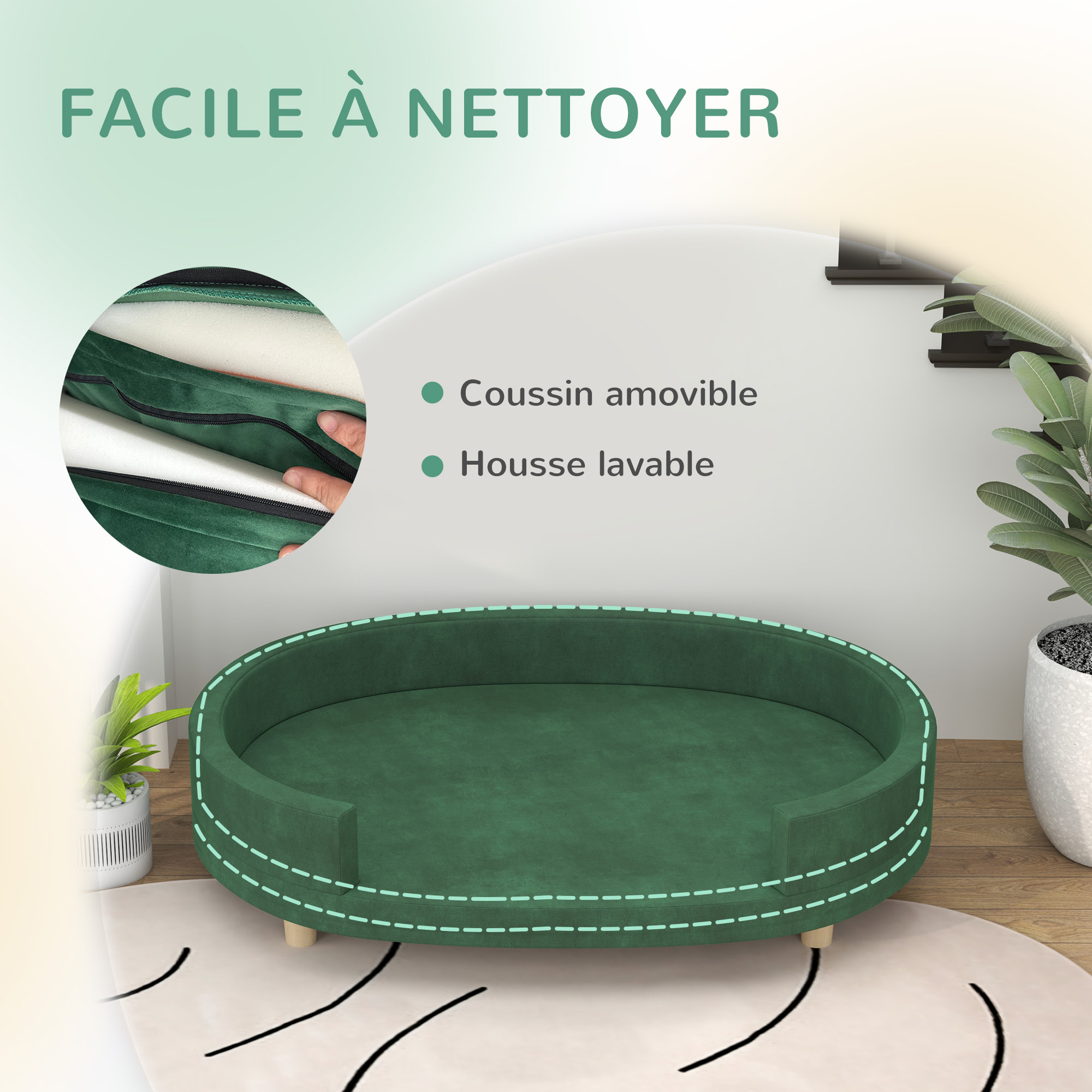 Canapé chien style nordique grande taille dim. 100L x 70l x 25H cm  - coussin amovible - piètement bois velours vert