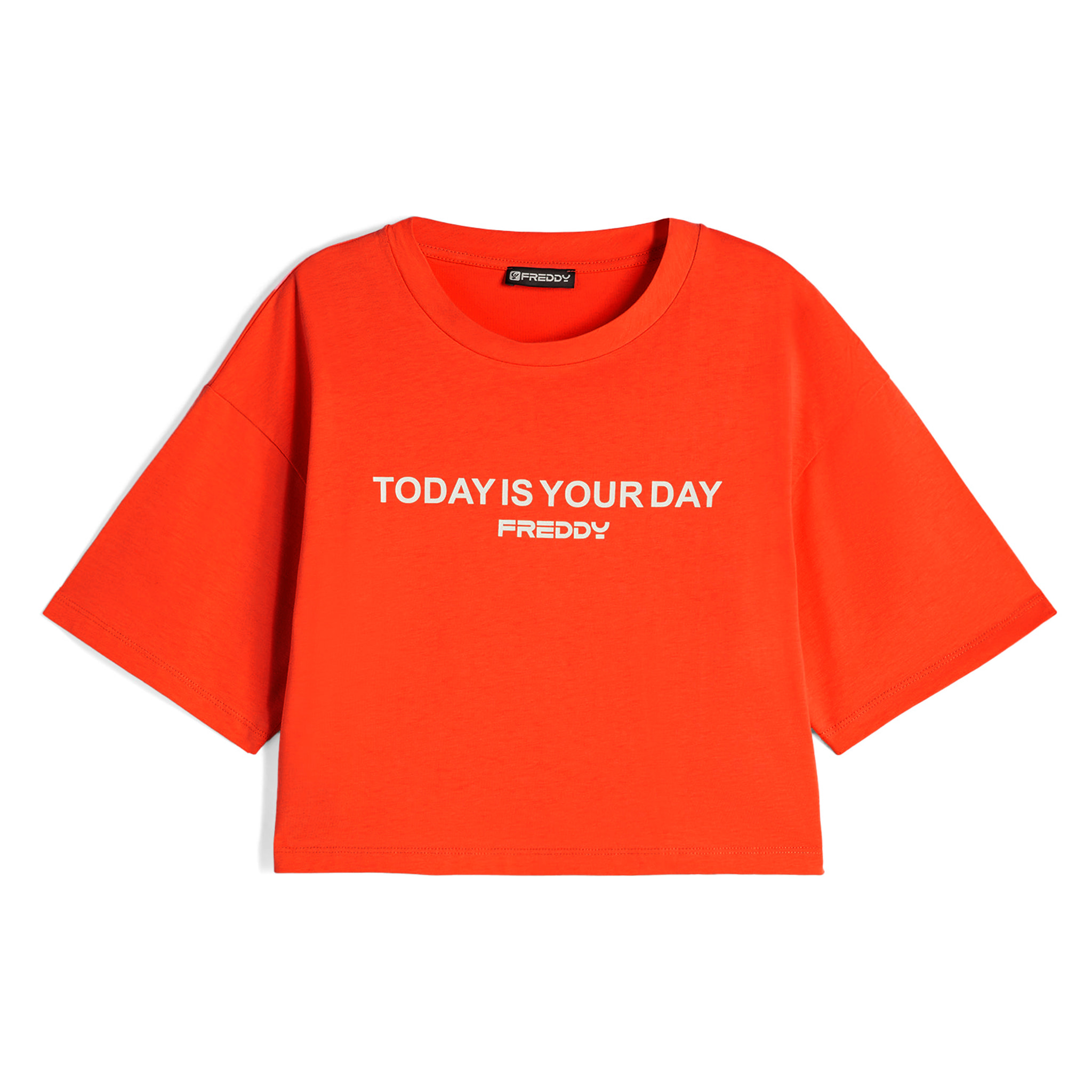 T-shirt donna corta in jersey con slogan a contrasto