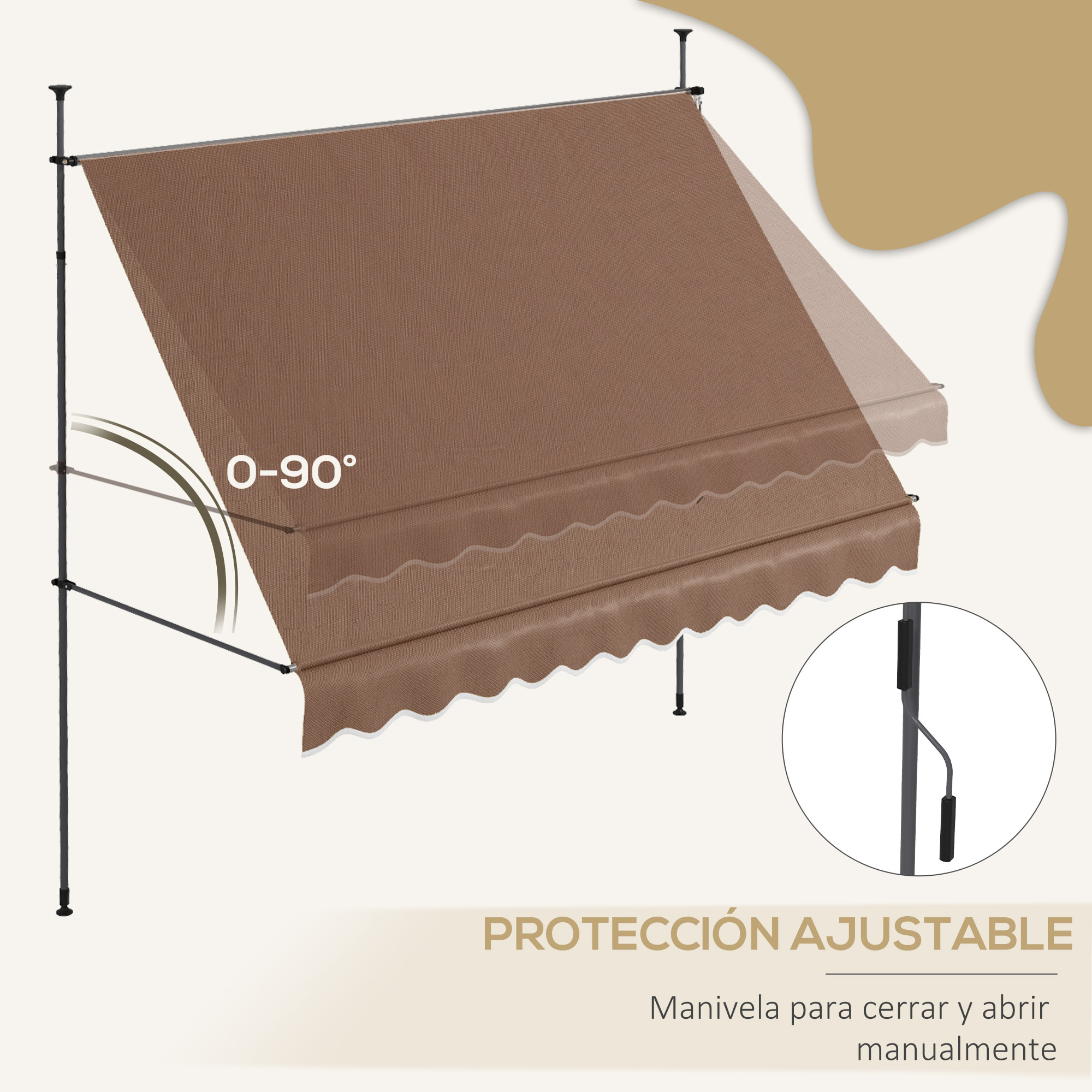 Toldo Manual Retráctil 3x1,2 m Toldo Exterior Terraza Enrollable Altura Ajustable con Manivela 210-300 cm Sin Taladro Protección UV30+ para Balcón Jardín Café