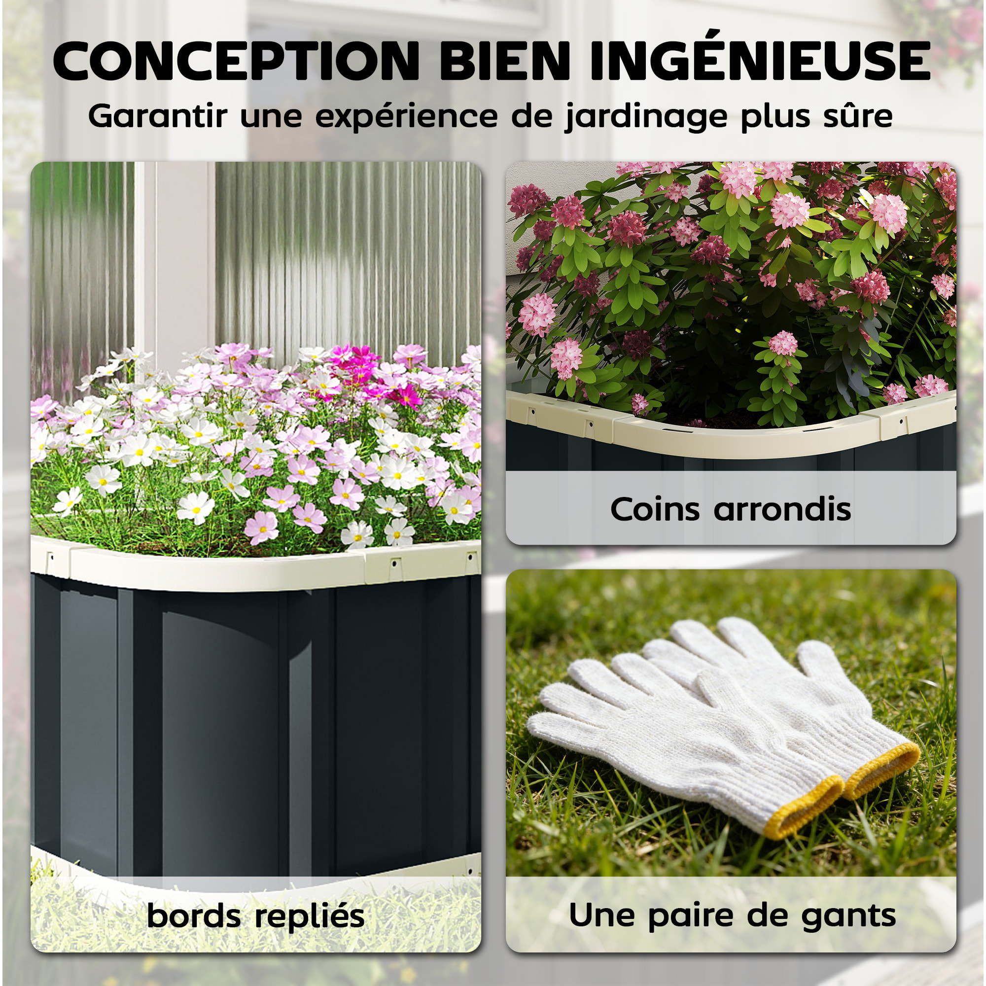 Carré potager de jardin dim. 165 x 52 x 31 cm tôle d'acier ondulée anthracite blanc