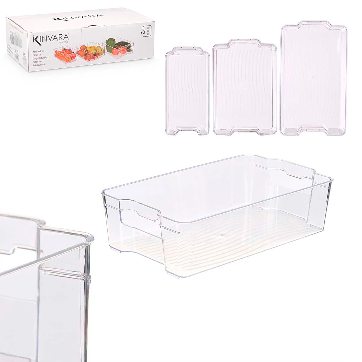Set 3 bandejas organizadoras transparentes para nevera. 3,9L ; 5,2L ; 6,7L