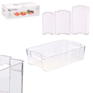 Set 3 bandejas organizadoras transparentes para nevera. 3,9L ; 5,2L ; 6,7L