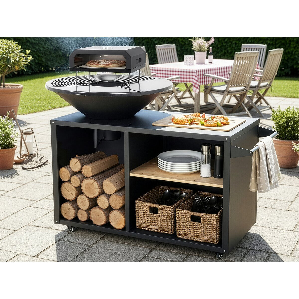 Barbecue plancha brasero avec four à pizza "Maréchal" - Ø 81 cm  - Noir