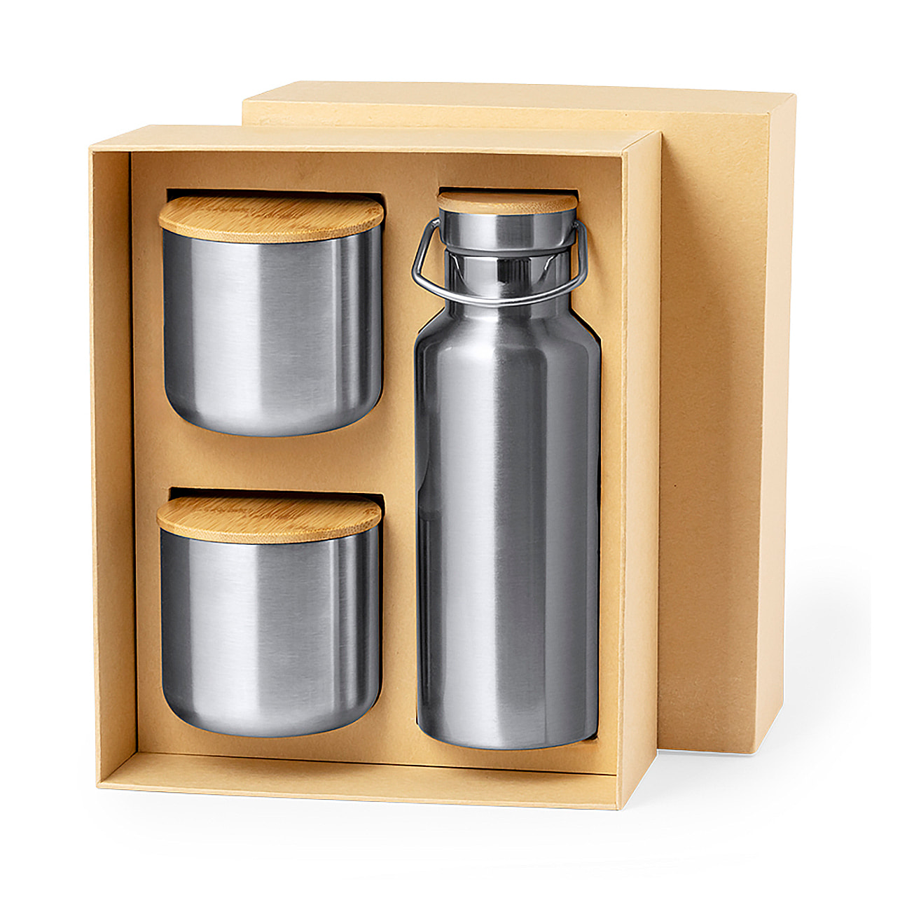 Práctico set de bidón y vasos térmicos en acero inox. Incluye bidón térmico de 500 ml y 2 vasos térmicos de 300ml.