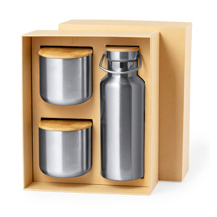 Práctico set de bidón y vasos térmicos en acero inox. Incluye bidón térmico de 500 ml y 2 vasos térmicos de 300ml.