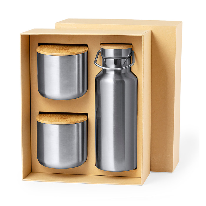 Práctico set de bidón y vasos térmicos en acero inox. Incluye bidón térmico de 500 ml y 2 vasos térmicos de 300ml.