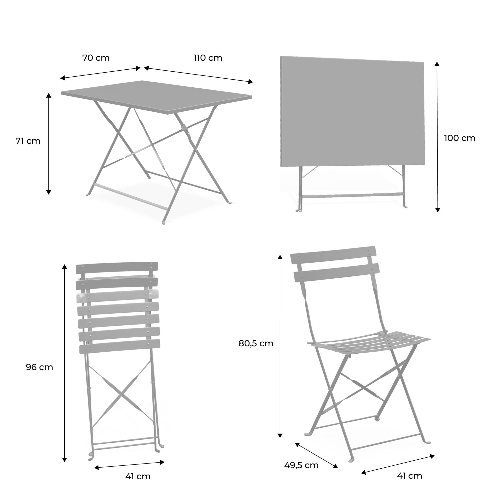 Salon de jardin bistrot pliable rectangulaire 110 x 70cm. avec quatre chaises pliantes. acier thermolaqué