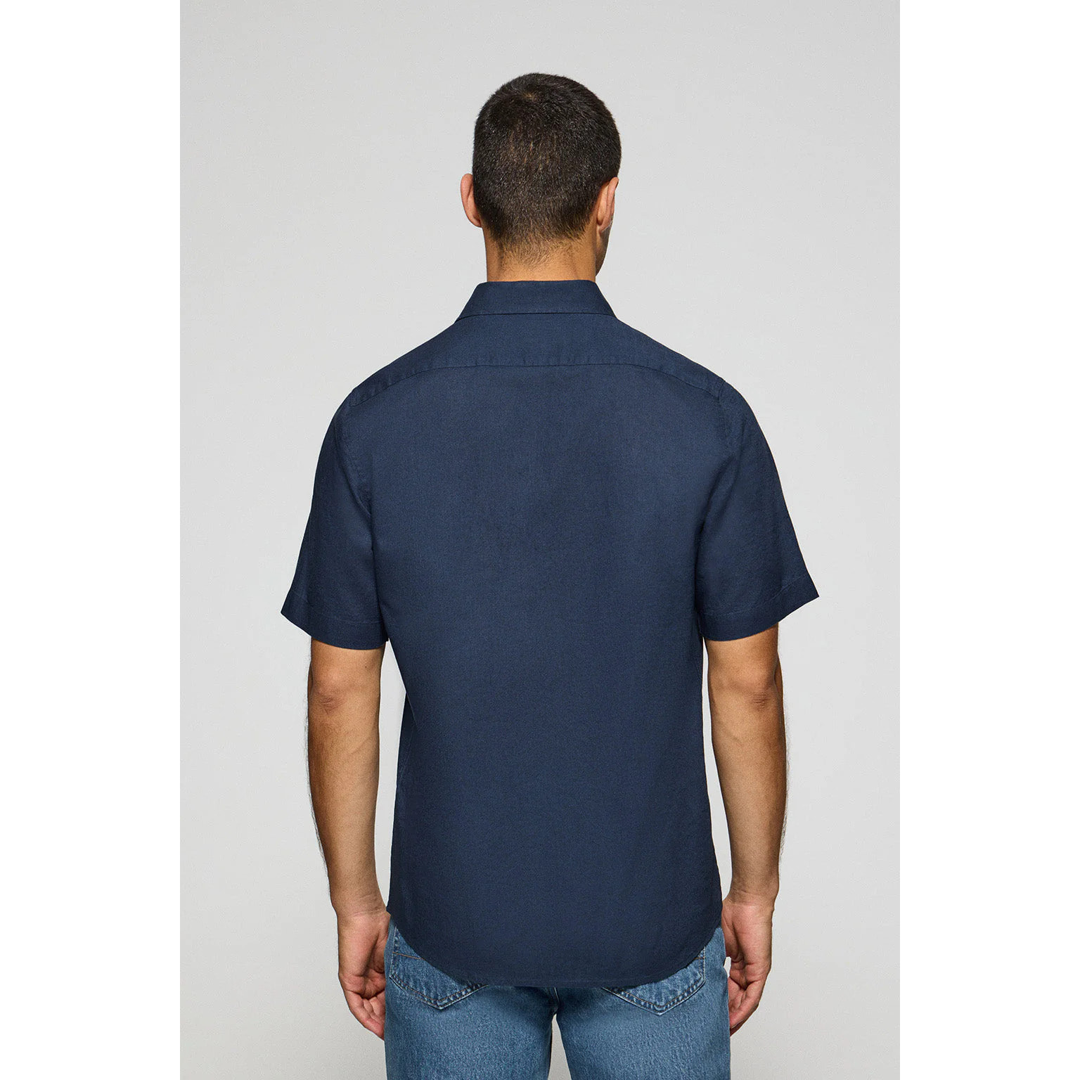 Camisa azul marino de manga corta de lino y algodón con bordado Rigby Go