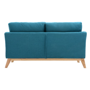 Canapé scandinave déhoussable 2 places en tissu bleu canard et bois clair OSLO