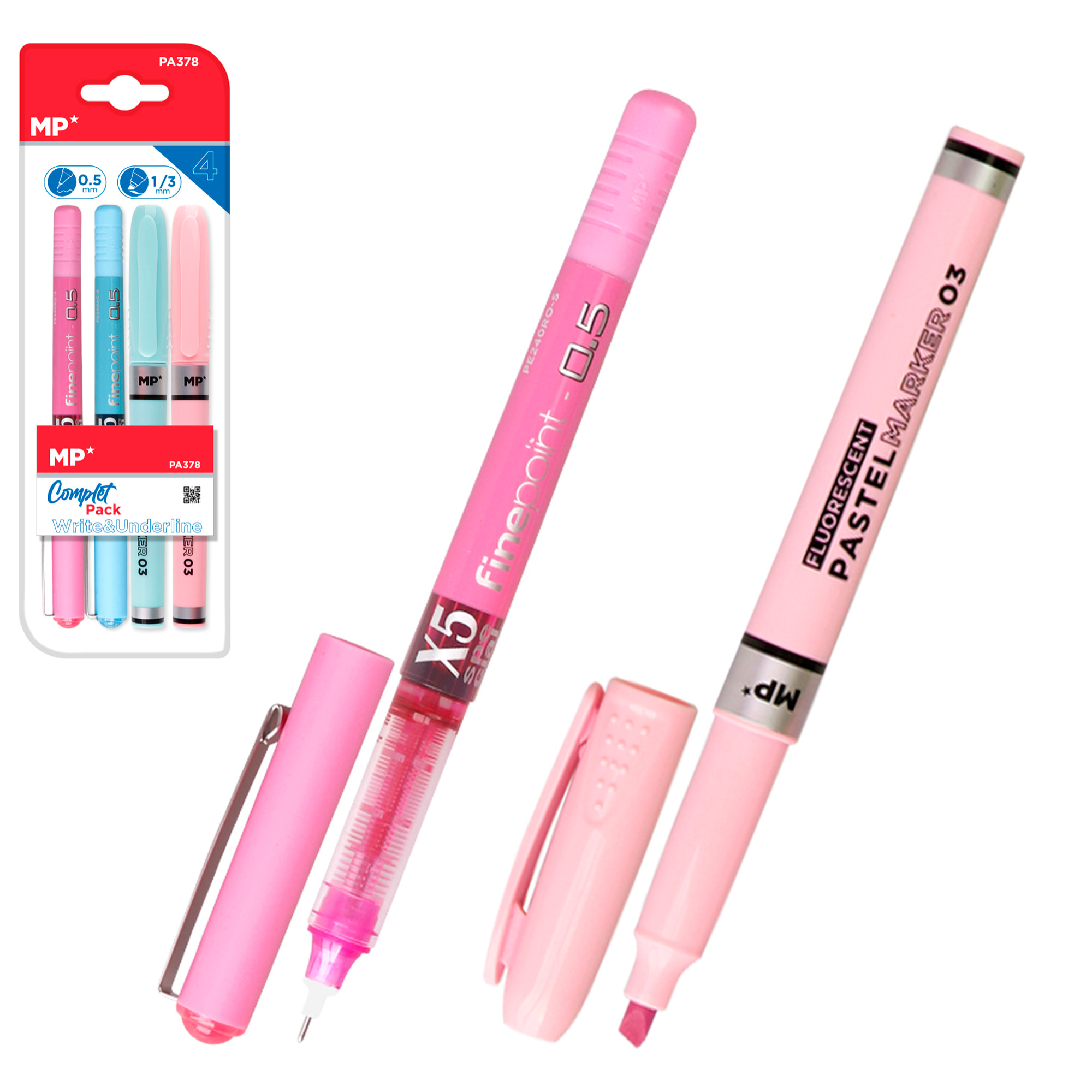 SET DI SCRITTURA: 2 penne a punta fine e 2 pennarelli fluorescenti.