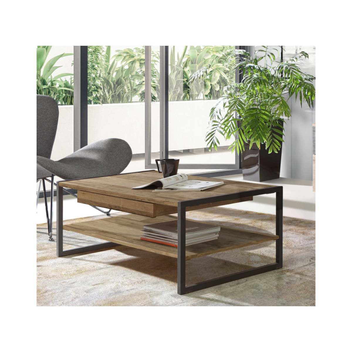 Table basse industrielle effet bois & métal 1 tiroir L110cm - BUDDY