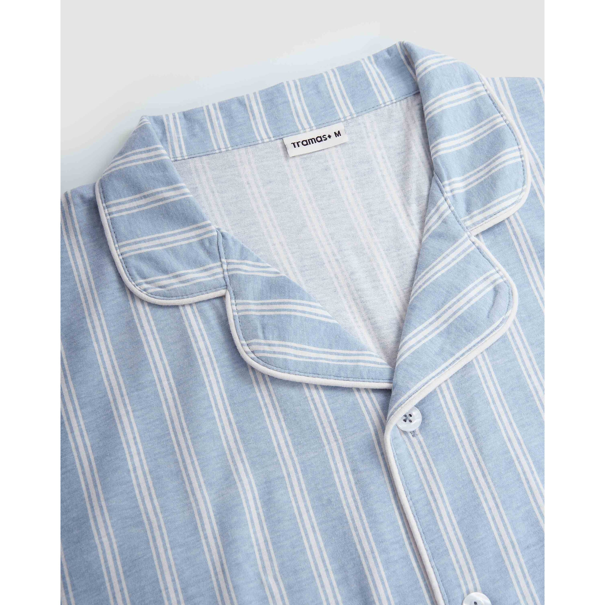Pigiama lungo a camicia in cotone a righe Marsella celeste