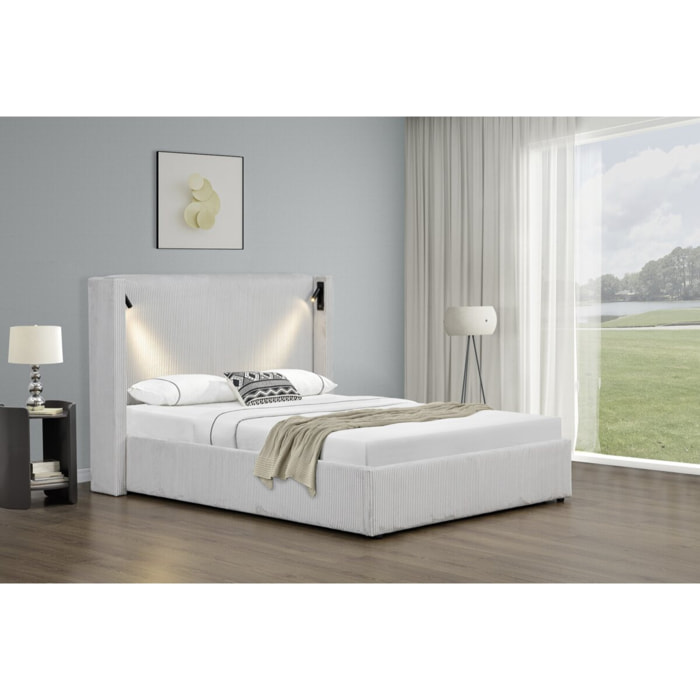 Lit double en velours côtelé avec coffre et lampe intégré "Cortina" - 160 x 200 cm - Beige