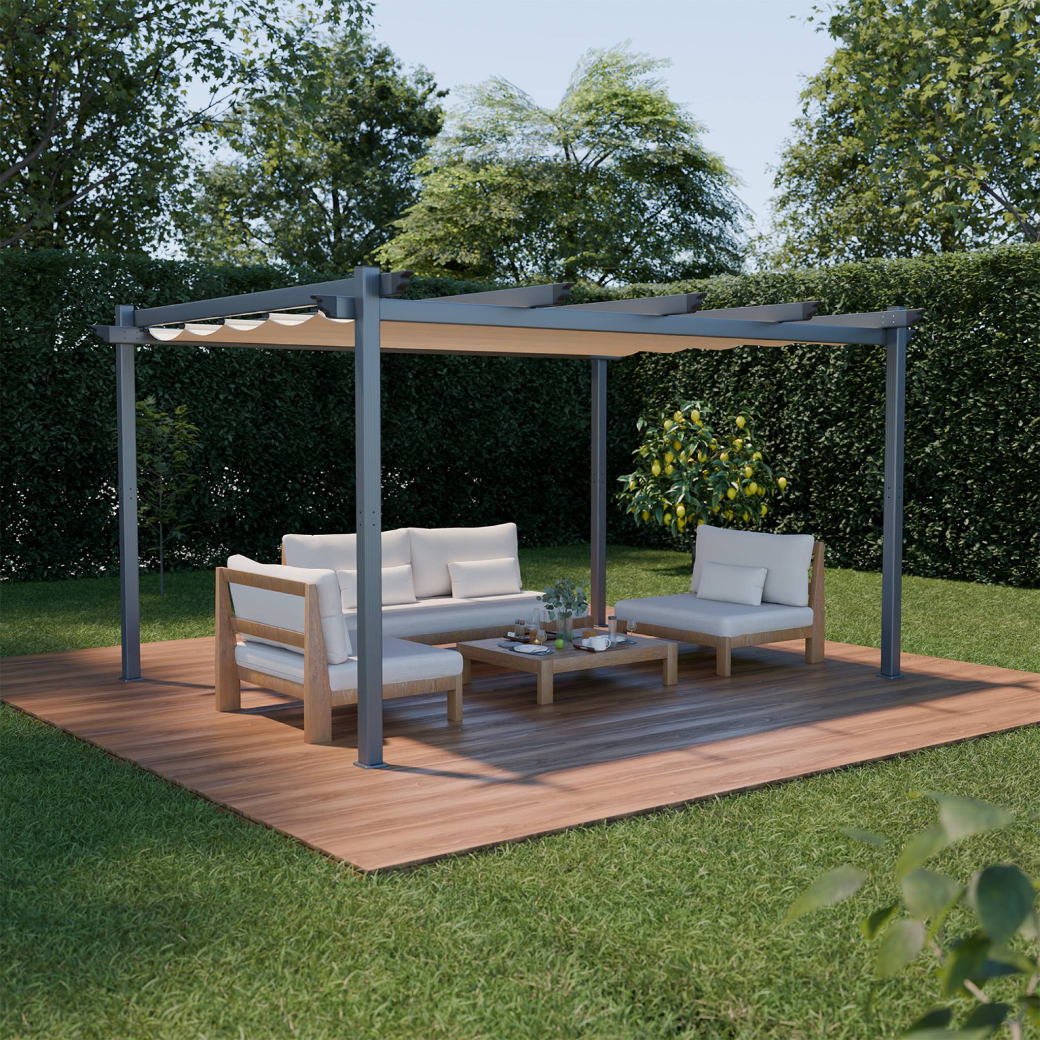 Pergola aluminium - Isla 3x4m -  Toile beige - Tonnelle idéale pour votre terrasse. toit rétractable. toile coulissante. structure aluminium
